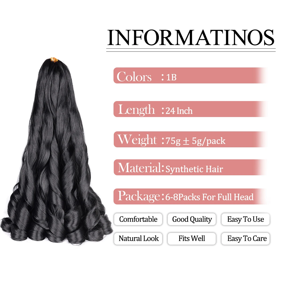 Extensiones de cabello trenzado de rizos franceses, cabello sintético de 24 pulgadas, onda suelta, rizo en espiral, cabello de ganchillo trenzado hinchable