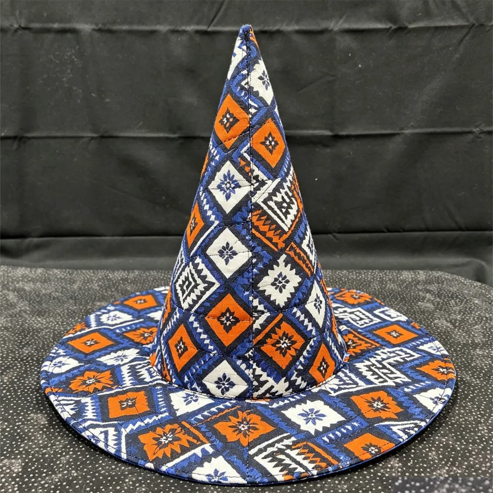 Quilted Print Witch Hat, Wide Brim Pointed Wizard Hat, Cottagecore Boho Hat for Photoshoot Garden Party Costume Dress Up