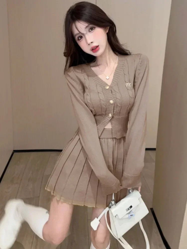 Kimotimo Knitted 2 Piece Sets Korean Temperament Preppy Style Short Sweater Cardigan High Waist Slim Pleated Mini Skirt Suits