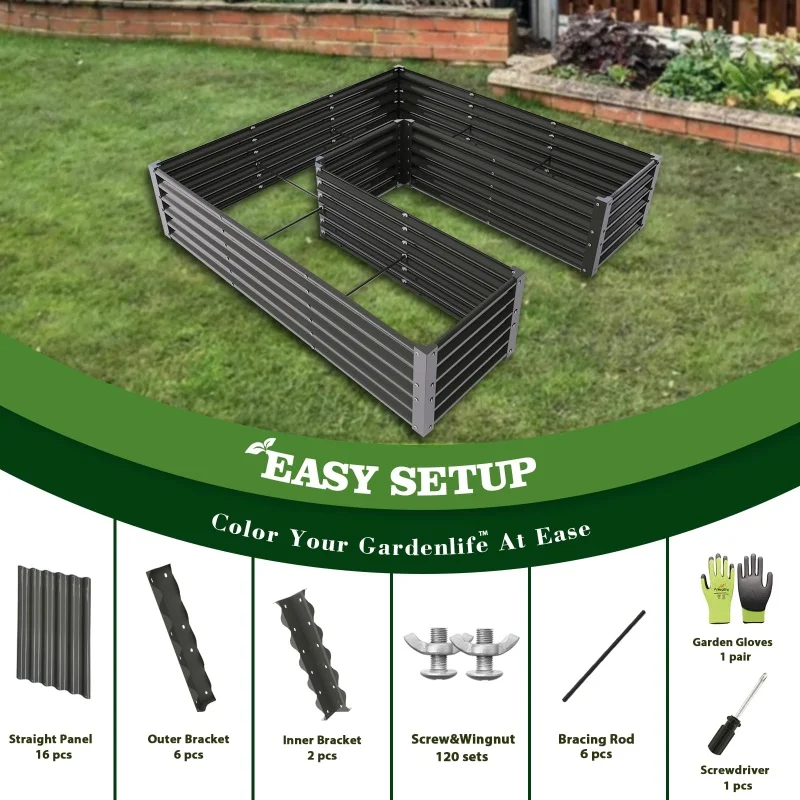 Ocynkowane łóżka ogrodowe w kształcie litery U na zewnątrz, duże metalowe pudełko do sadzenia warzyw 6x6x1,5 stopy, łatwa konfiguracja, kwarcowy szary