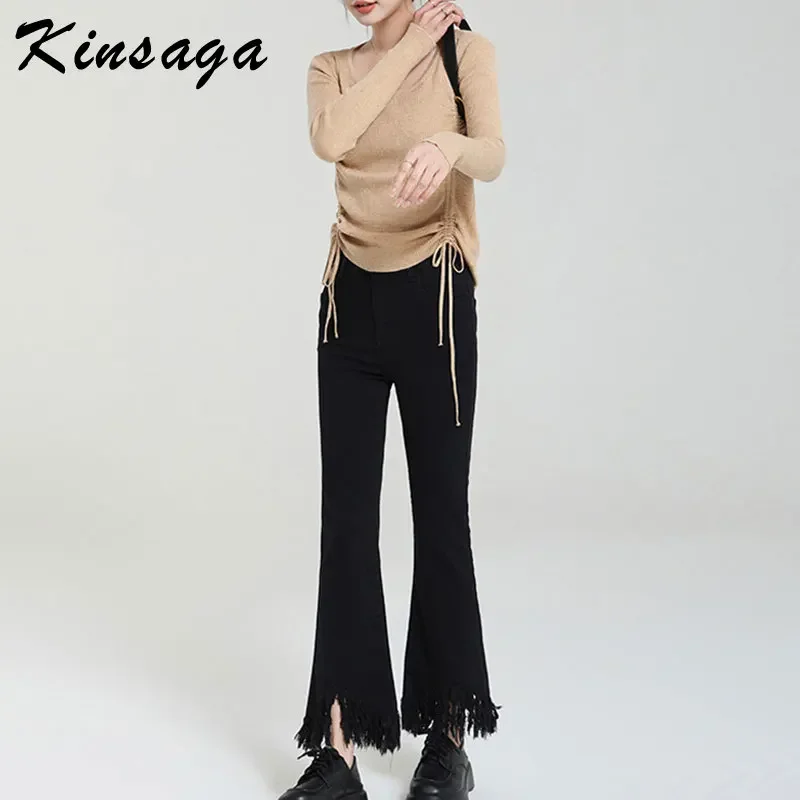 Black Skinny Fringe Trim Slightly Flare Jeans Spring Summer High Waist Raw Hem Nine Point Petite Girls Bell Bottom Trousers