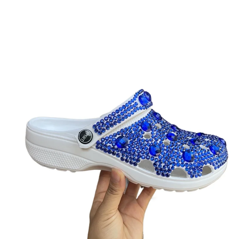 36-42 Size New Hole Shoes Women's Summer Shoes Handmade Diamond-encrusted Women's Sandals, Royal Blue Rhinestone Slippers