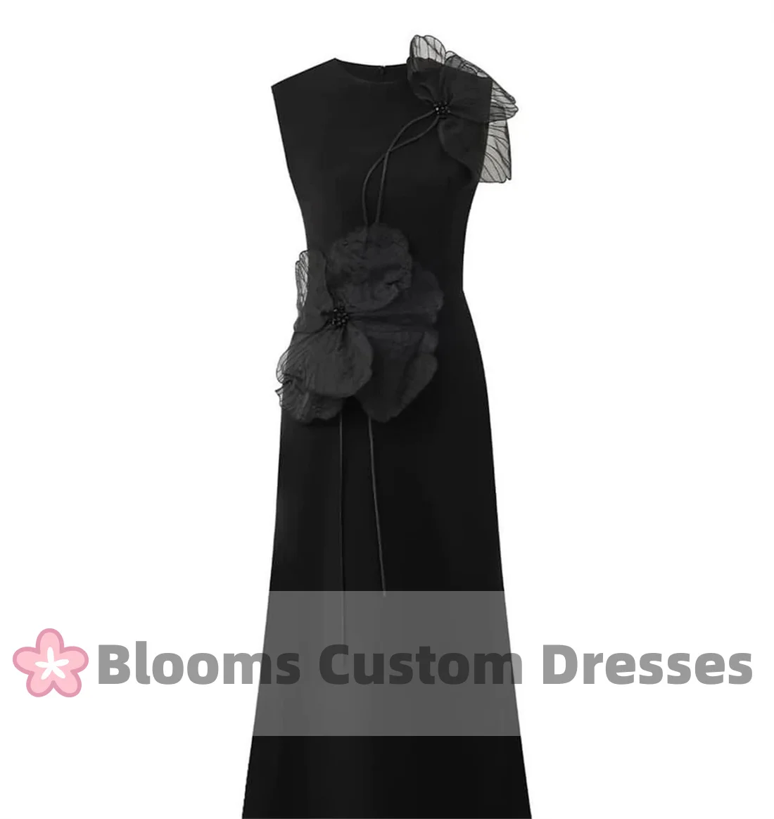 Blooms Black Customized Evening Dress Flower Beading A-line Sleeveless Bespoke Occasion Midi Dresses Customized Party Gown