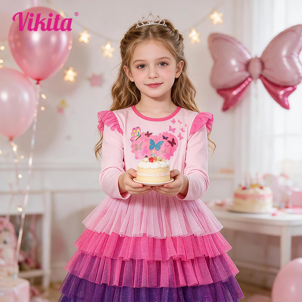 Girls Long Sleeve Butterfly Heart Shape Pink Purple Gradient Vestidos Kids Tulle Layered Cake Tutu Party Princess Elegant Outfit
