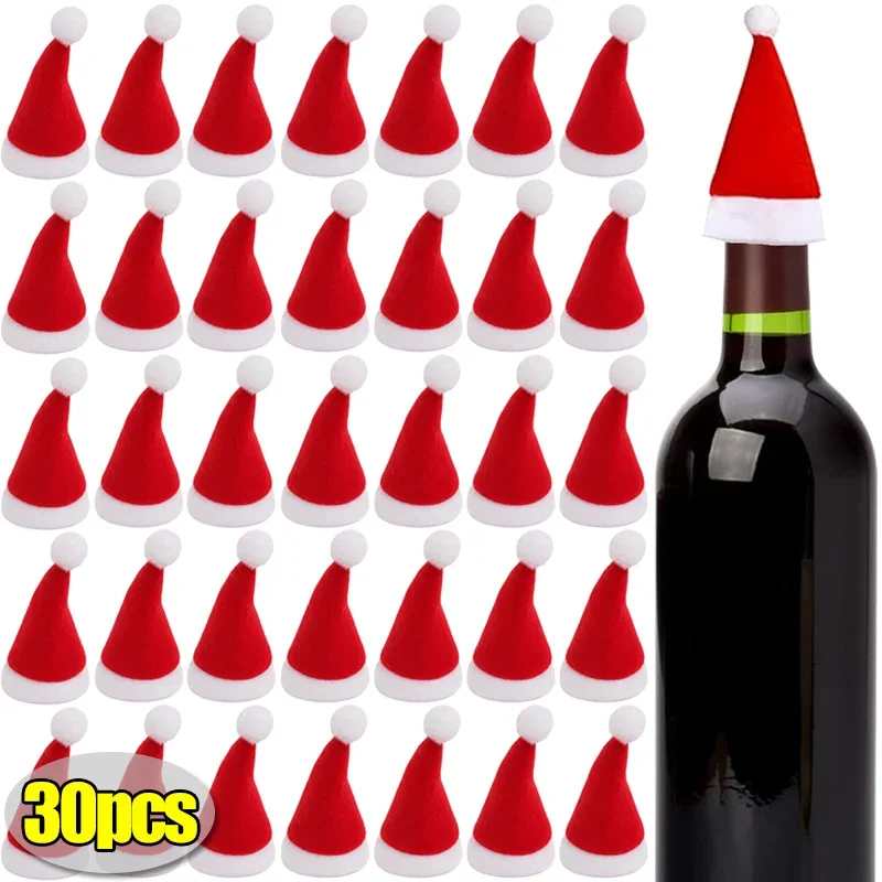 Cubierta de botella de vino de Navidad, Mini sombrero de Papá Noel, piruleta, dulces, cubiertos, decoración de vajilla de fiesta de Navidad, 2-30 piezas