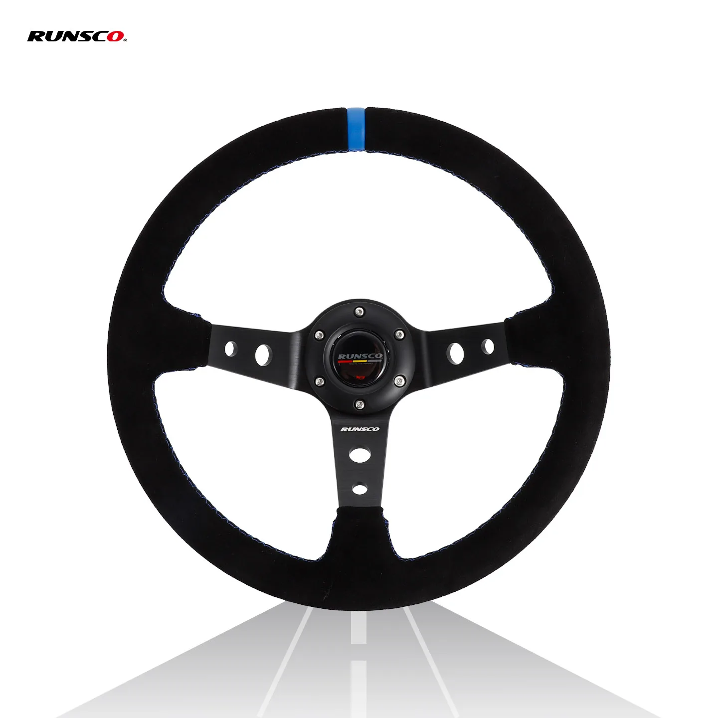 

Runsco 14 Inch/350mm Racing Steering Wheel - Black Leather with Blue Stitching - Lightweight Aluminum Spoke