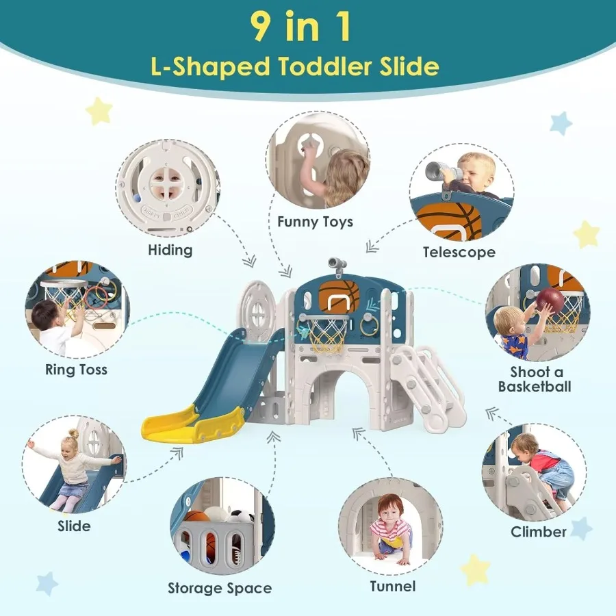 9 in 1 Toddler Slide Kid Slide for Toddlers Age 13 with Ring Toss Basketball Hoop and Telescope Indoor Outdoor Playset Playgrou