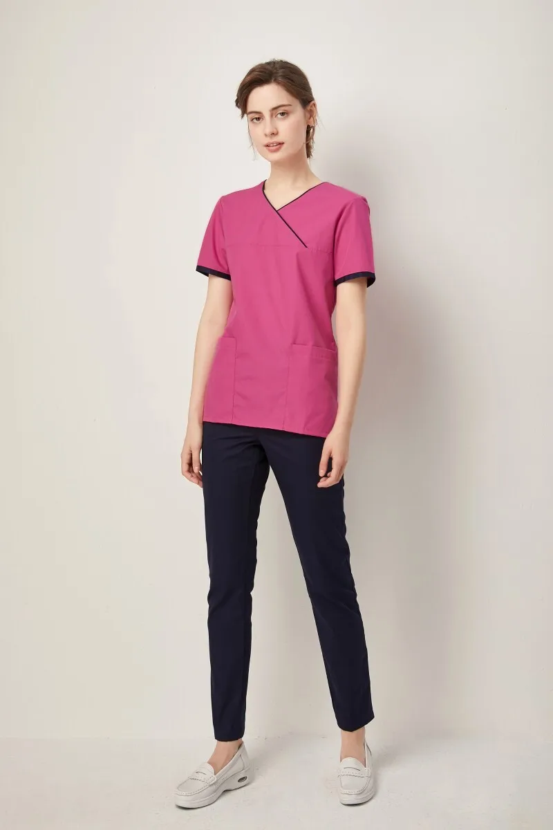 2023divise da clinica odontoiatrica a maniche corte con scollo a V incrociato estivo da donna Set Pet Hospital infermieristica Scrub abbigliamento blu Navy Topwear