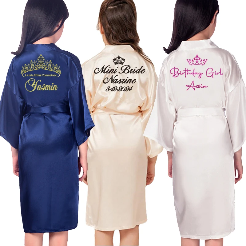 Customize Name Date Flower Girl Kimono Robes Wedding Bathrobes Pajamas Kids robe+belt Nightdress Brial Party Kid Robe