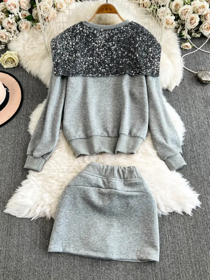 Sequined Bling Woman 2025 Sets Spliced Bow O-neck Long Sleeve Hooded + Drawstring Tunic Skirt Spring Autumn New Loose Suit