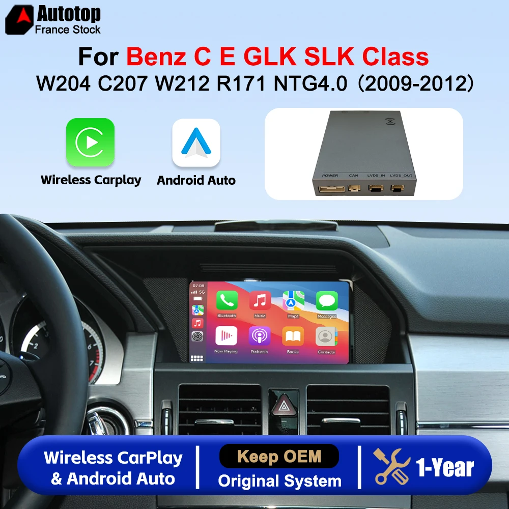 Modulo di interfaccia wireless CarPlay e Android Auto per Mercedes-Benz Classe C, E, GLK, SLK, C207, W204, W212, R171, NTG4.0, modelli 2009-2012, con adattatore Bluetooth, AirPlay, funzione Mirror
