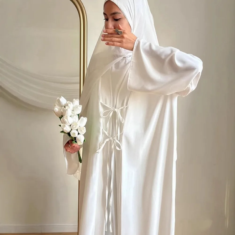 

Muslim Women Satin Kimono Jalabiya Dresses Set 2 Piece Islam Clothing Dubai Abaya Turkey Kaftan Robe Femme Musulmane Ensembles