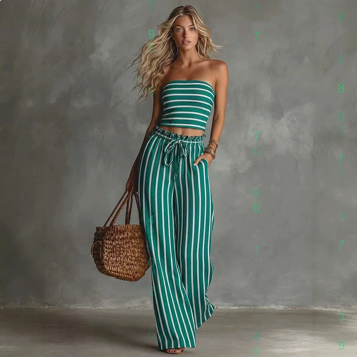 

Printed Striped Tube Top with Drawstring Wide Leg Pants Matching Set Jumpsuit Playsuit