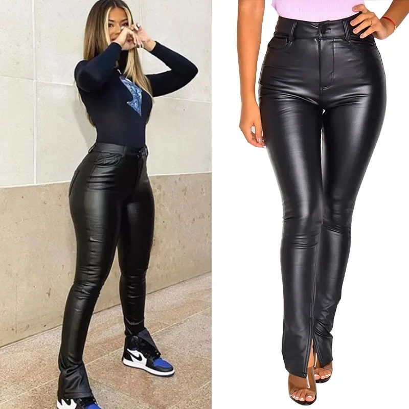

Womens Casual Pants Autumn and Winter High-waisted Skinny PU Leather Pants for Women