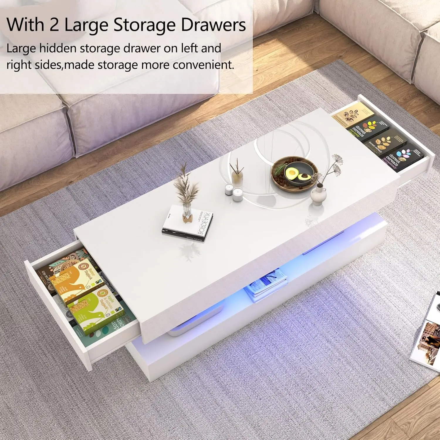47.3in Large High Glossy LED Coffee Table With 2 Storage Drawers,Black/White Modern Coffee Tables For Living Room,