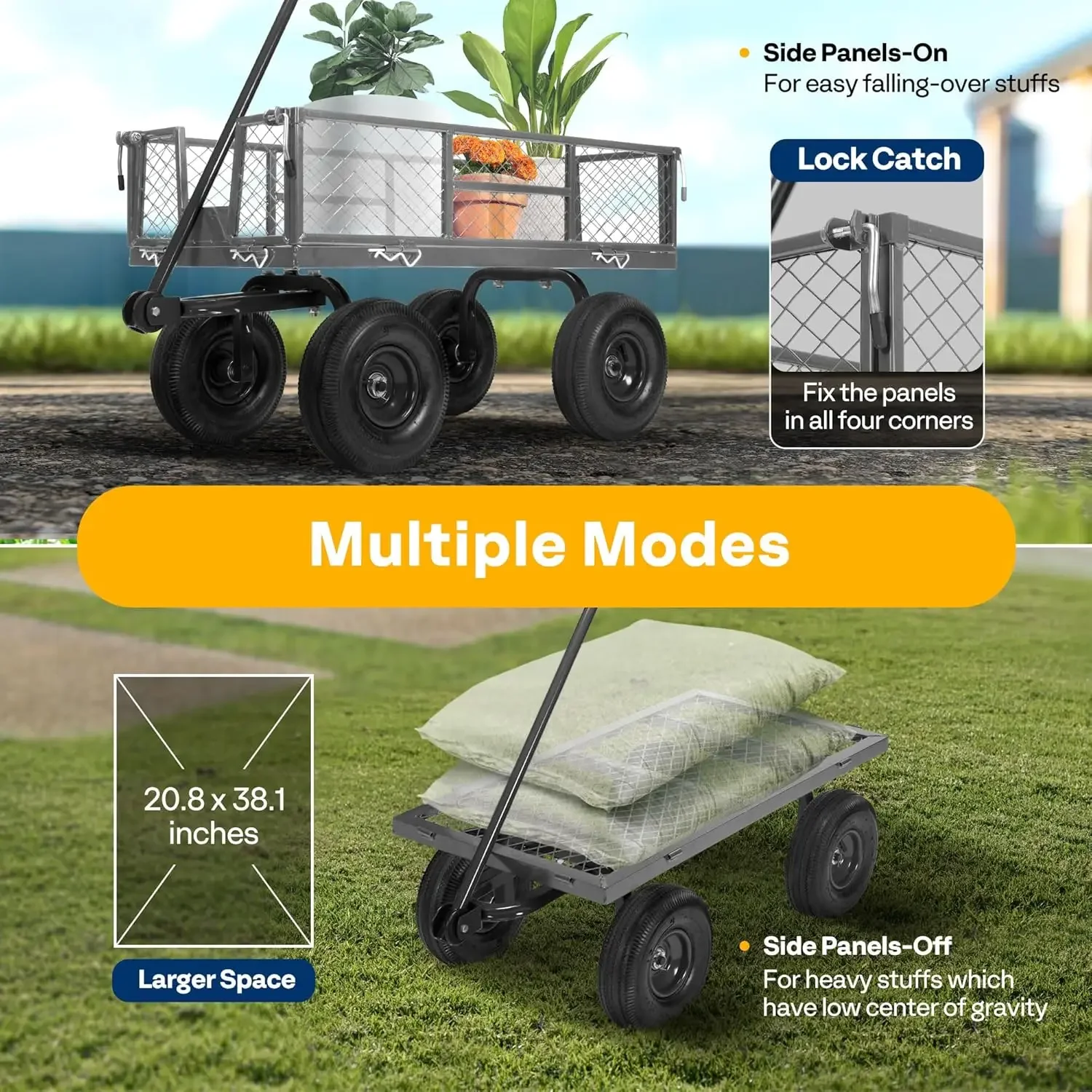 

Сверхмощная сетчатая стальная садовая тележка емкостью 880 фунтов, складная универсальная тележка со съемными сторонами и 4,10/3,50-4 дюйма