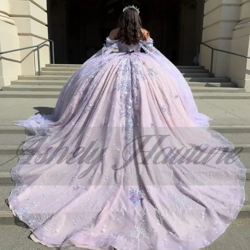 Dostosowane lawendowe sukienki księżniczki dla dziewczynek Quinceanera 15 16. Dziewczyna Kwiatowa aplikacja Tren typu Sweep Prom Sukienka na przyjęcie urodzinowe