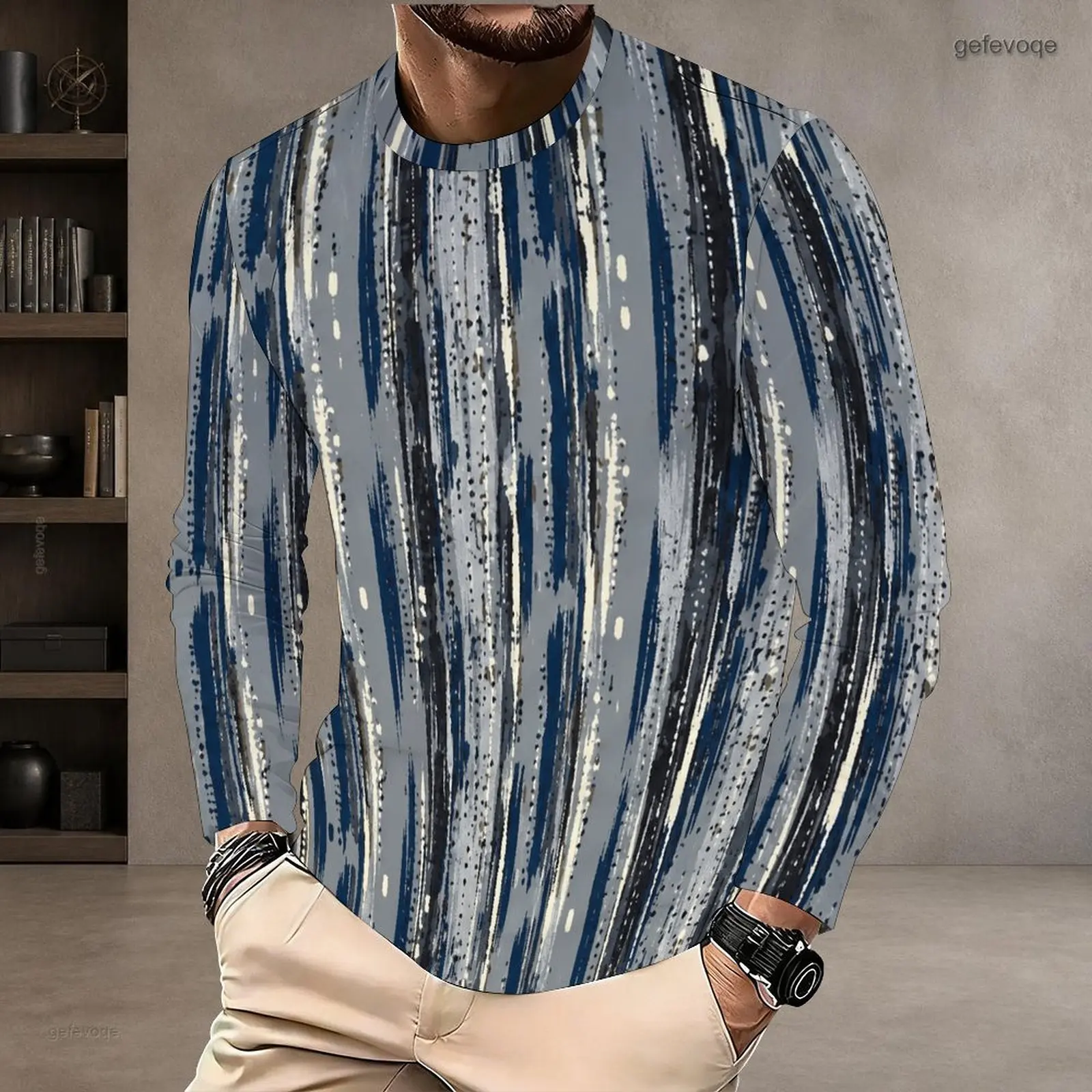 Men's All Over Multicolor Marble Swirl Print Round Neck Long Sleeve Pullover T-Shirt