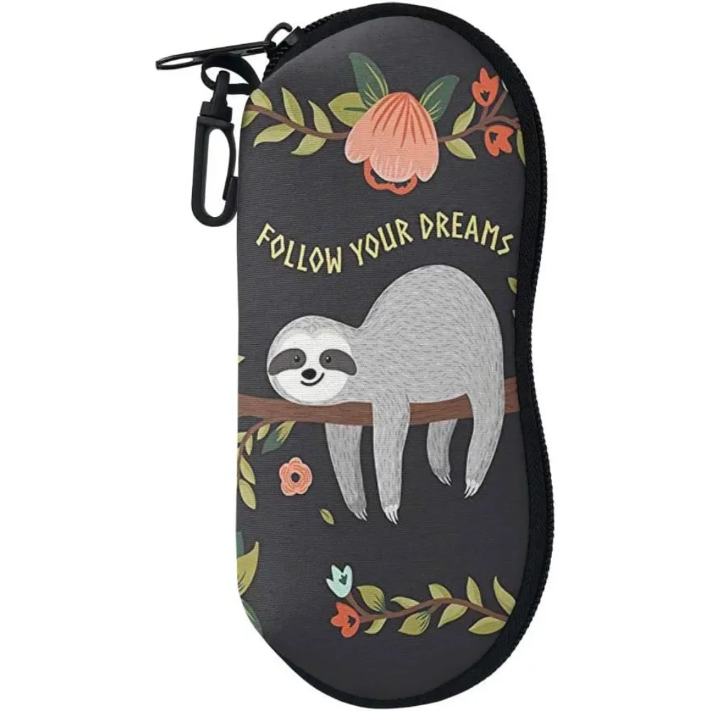 Sloth Black Glasses Case Pouch Prints Zipper Soft Eyewear Storage Box Outdoor Travel Portable Anti-Pressure Sunglasses Bag