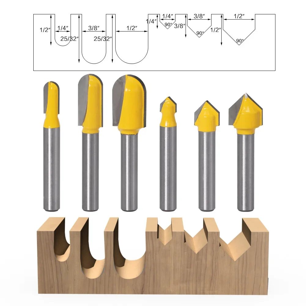 1/4Inch 6.35mm Shank Round Nose Bit 90 Degree Deep V-Groove Bit Router Bits Set Core Box Bit For Woodworking Tools PVC Board