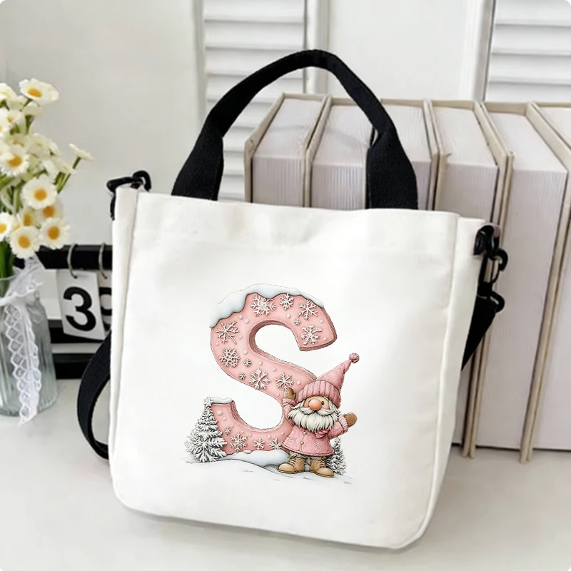 Xmas Santa Claus 26 Alphabet A-Z Print Canvas Bag for Ladies Fashion Christmas Party Shopping Shoulder Crossbody Tote Bag