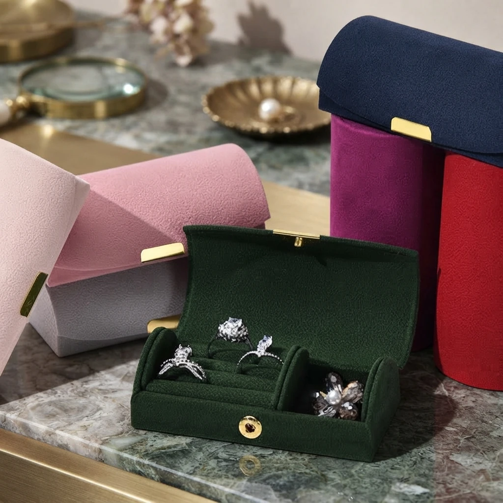 Flip-button Beaded Velvet Arch Box Curved Box Jewelry Women's Portable Earrings Ring Necklace Storage Jewelry Box