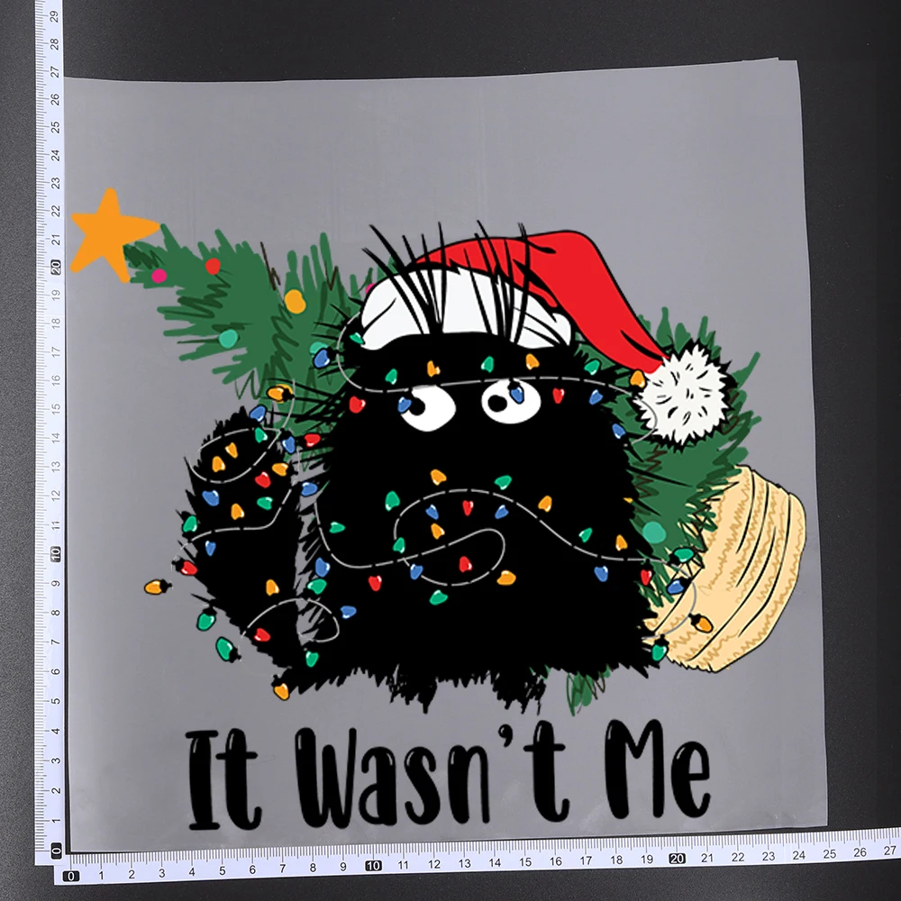 25CM Cute Christmas Colored Lights Black Cat Transfer Patches For Clothes DIY A-Level Washable Shirt Iron-on Thermal Stickers