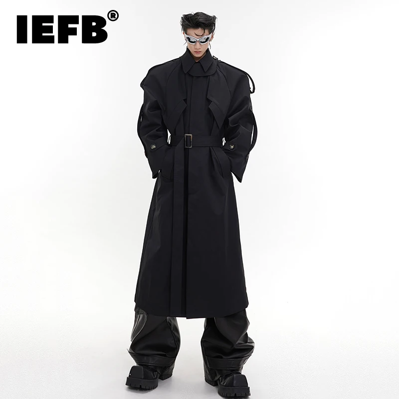 

IEFB Men's Long Overcoat Shoulder Pad Windbreaker Knee Length Coat Fashion 2023 New Streetwear Safari Style Male Clothing 9C1708