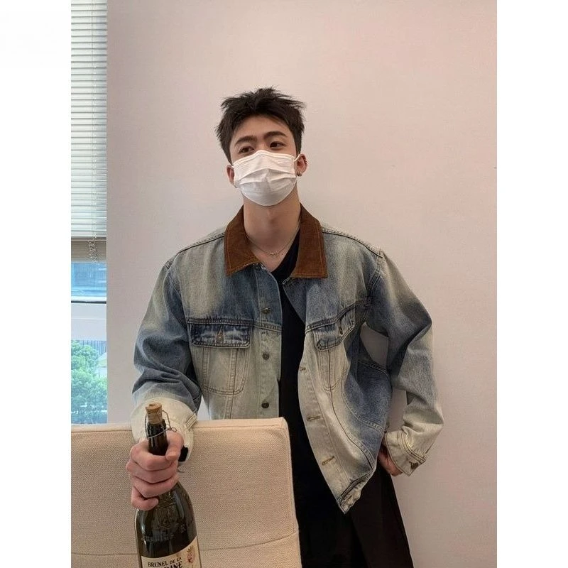 

Новая весенне-осенняя дизайнерская старая джинсовая куртка, мужская корейская версия, высококачественный повседневный воротник контрастного цвета