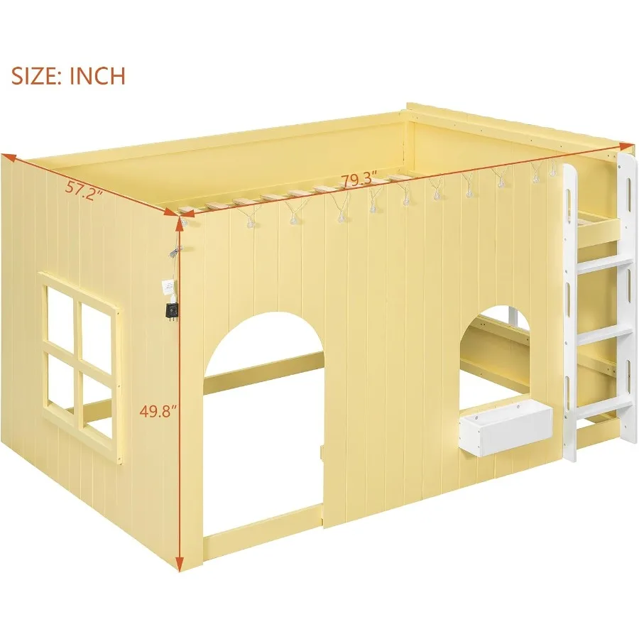 loft bed for small spaces, pine wood, primrose color, includes warm LED light string for safety and ambiance