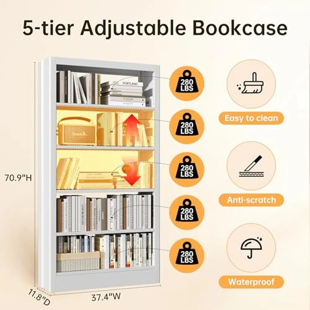 5 Tier Adjustable Bookcase Heavy Duty Bookshelf with Book Stopper Metal Bookcase for Library Office Living Room