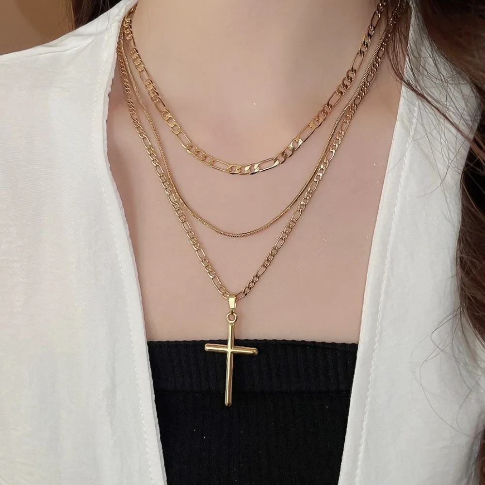 

Fashion Korean Style Cross Necklace Sweater Chains Cross Double Layer Choker Hip Hop Personality Metal Clavicle Chain Girls
