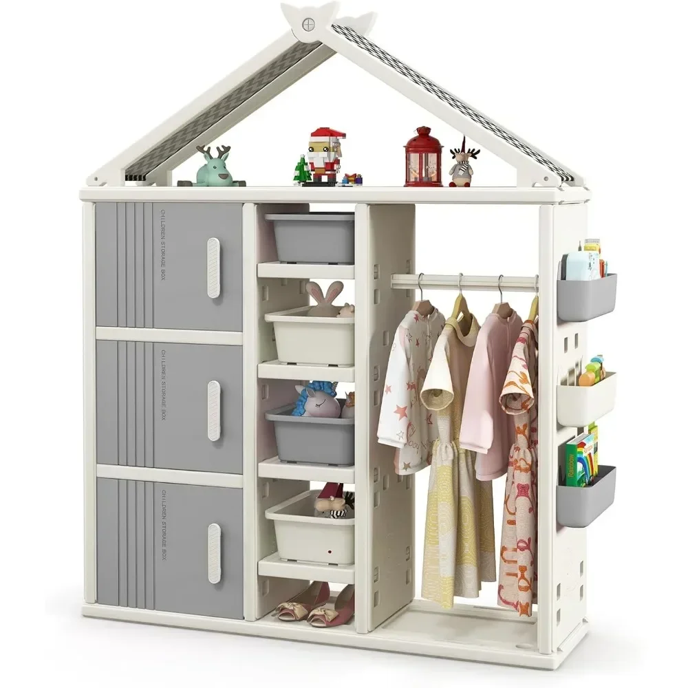 

Children's Clothing Storage Room, Children's Pretend Dressing Table Wardrobe, Open Hanging Wardrobe with Storage Box, Shelves