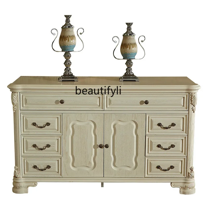 

European Bedroom Furniture Solid Wood TV Cabinet White Antique Locker Pastoral Style Cabinet with Drawer