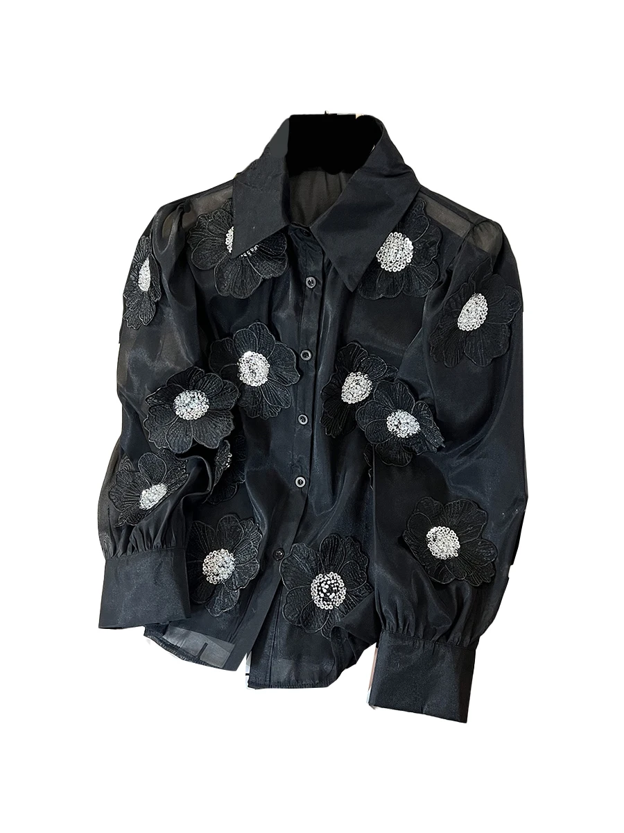 Spring Summer Long Sleeve Sequins Petals Applique White Beige Mesh Shirts and Blouses For Women Sexy See- through Tops
