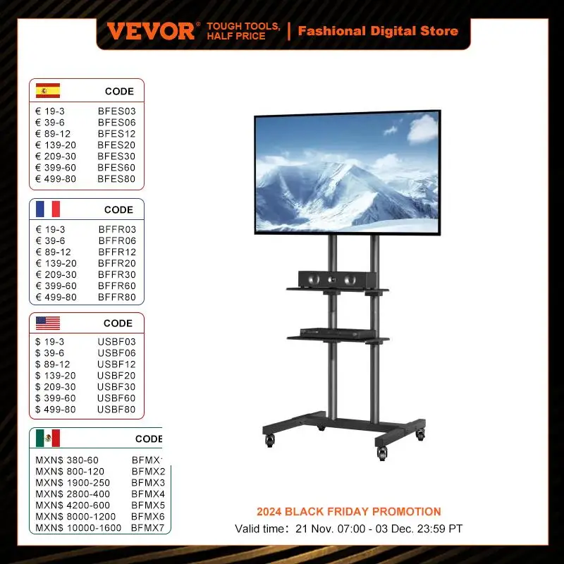 VEVOR Mobile TV Stand Height Adjustable TV Stand with Wheels Double Tray for Audio-Visual Devices Rolling TV Stand for Bedroom