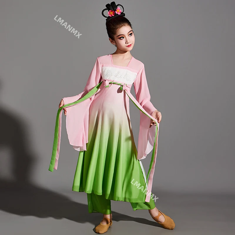 أزياء أداء الرقص الكلاسيكي للأطفال، لعب الأسماك، أوراق اللوتس، أزياء الرقص هانفو، Ruqun #4