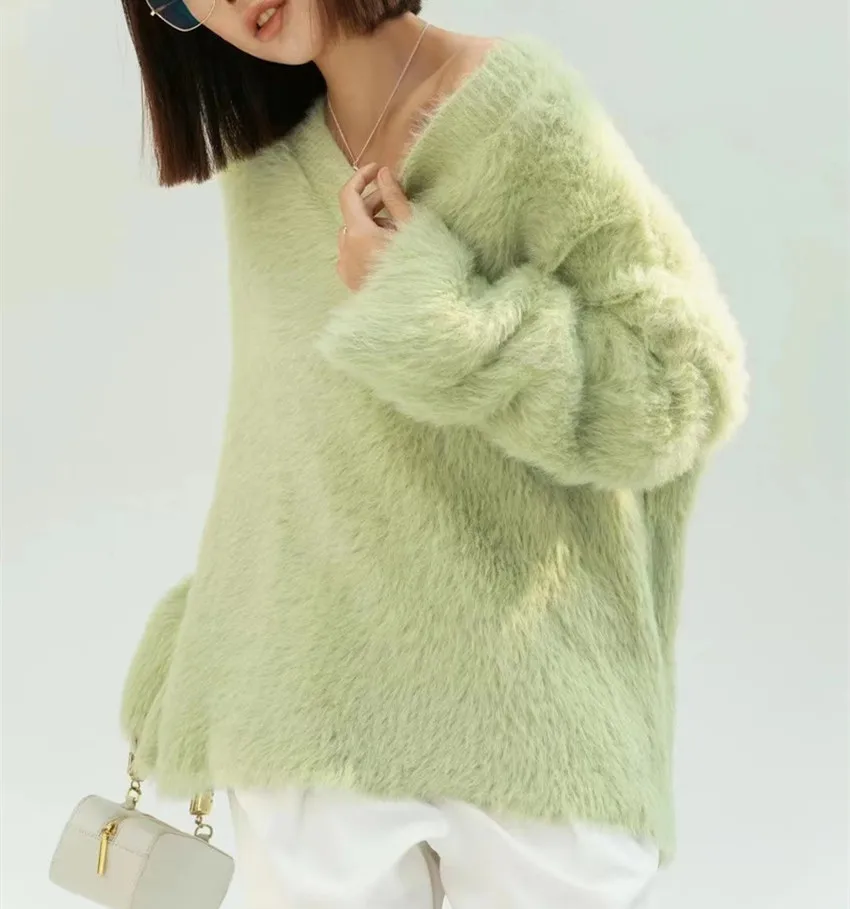 

2023 New Korean Autumn Winter Soft Mohair Loose Sweater Lazy Style Women V Neck Long Sleeve Thick Warm Imitation Mink Pullovers