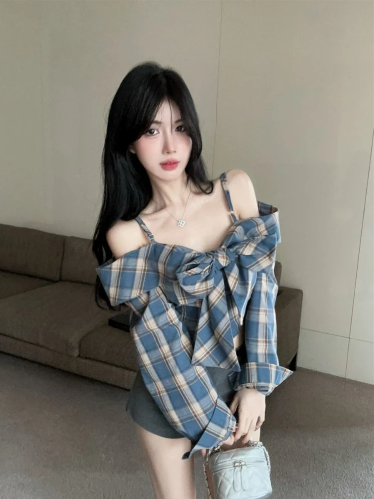 

Винтажный женский кардиган в клетку с открытыми плечами и длинными рукавами, с завязками, укороченный, сексуальный, стройнящий, шикарный, для ранней осени