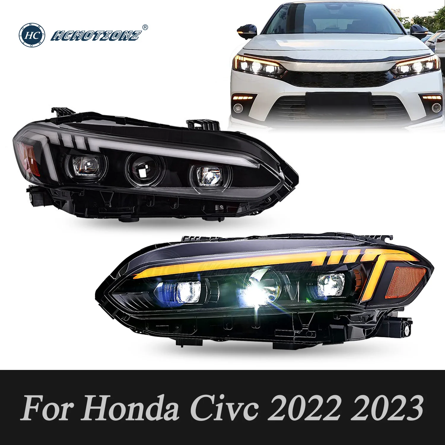 

HCMOTIONZ Car Front Lamps for Honda Civc 2022-2024 DRL Turn Signal Animation 3 Lens 11th Gen LED Head Lights Assembly