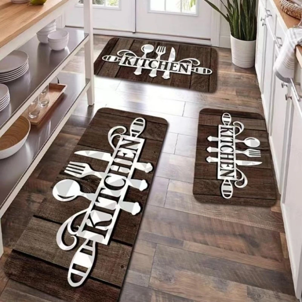 American Retro Kitchen Mat Set Vintage Wood Grain Knife Fork KITCHEN Print Non‑Slip Rubber Back Rugs  for Home Kitchen Decor