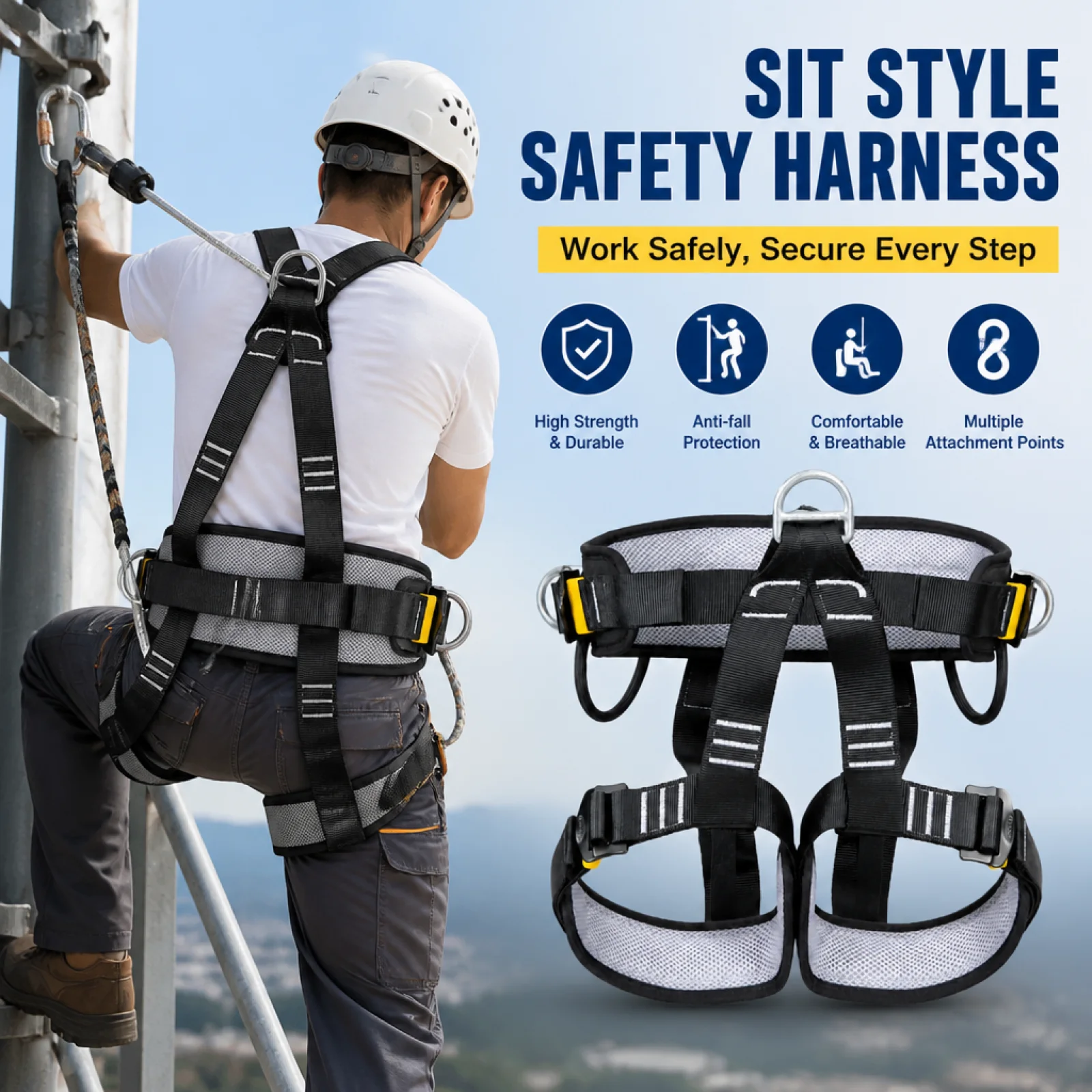 Full-Body Harness Breathable Harness with Mesh Padding Padded for Workers Climbers Fall Protection Climbing High-Angle Retrieval