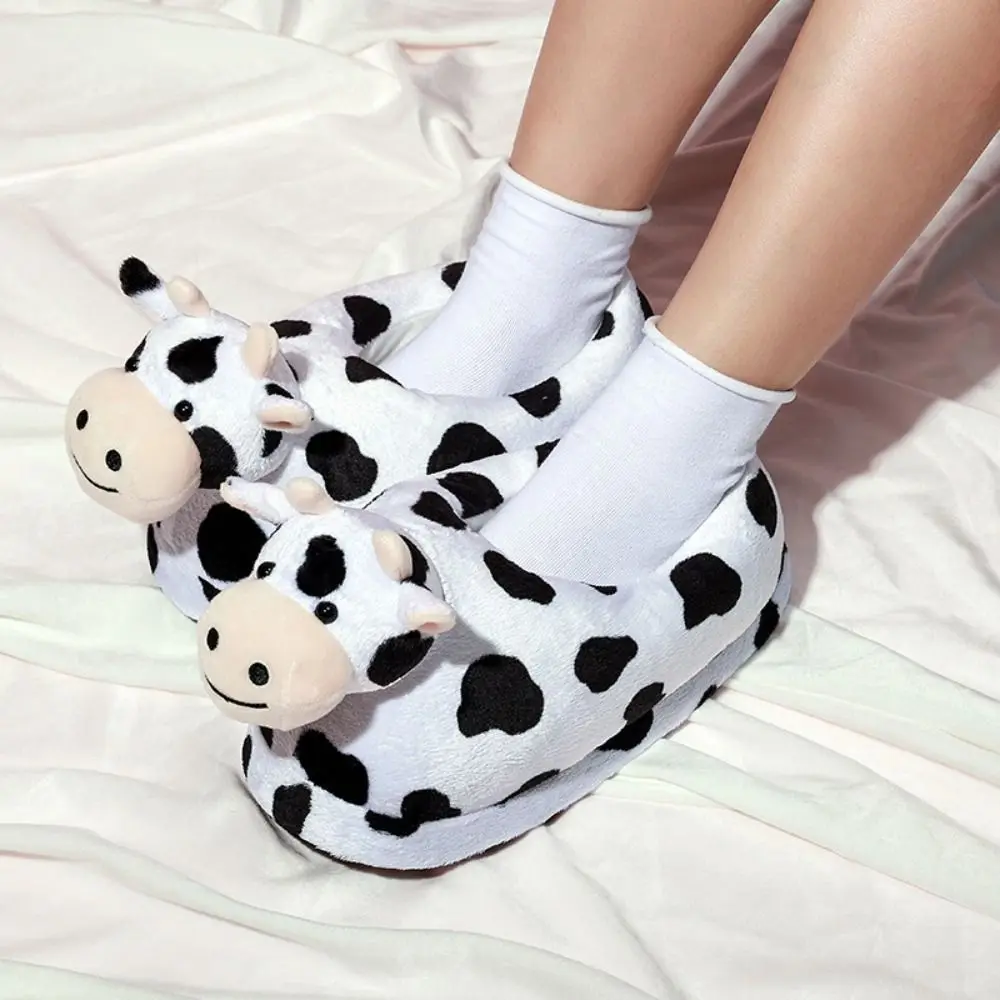 Winter Cute Animal Slipper for Boys Girls Kawaii Plush Winter Warm Slippers Woman Cartoon Milk Cow House Slippers Funny Shoes