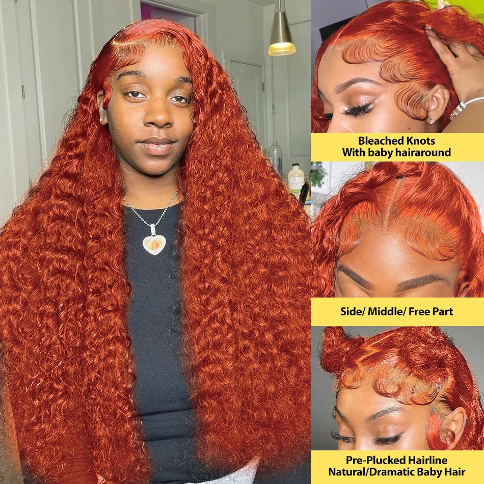 30 40 Inch Ginger Orange Deep Wave Lace Frontal Wig 13x4 13x6 Colored Curly Lace Front Human Hair Wigs Water Wave for Women