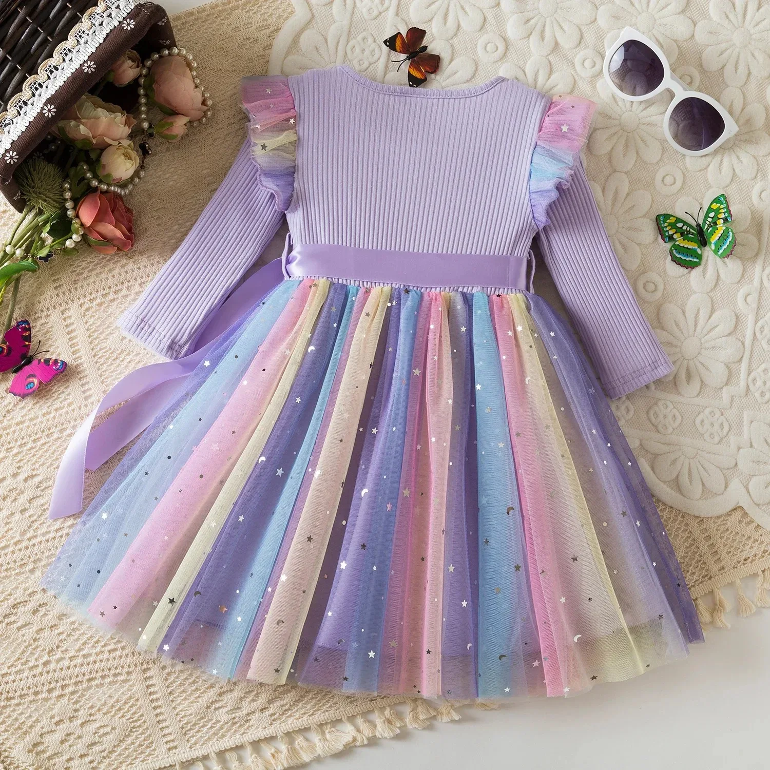 فستان الأميرة ماري كات رينبو للفتيات فستان شبكي لحفلات أعياد الميلاد مزين بالترتر للأطفال فساتين كاجوال بأكمام طويلة للفتيات من 1 إلى 5 سنوات