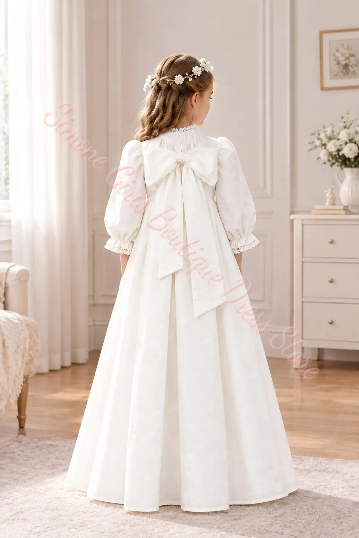 Großhandel Maßgeschneidertes Mädchenkleid mit Spitzenausschnitt, Prinzessinnen-Satin-Plissee, Hochzeits-Blumenmädchenkleid, Hohe Taille, Puffärmel, Kommunion, Geburtstag – Detail 4