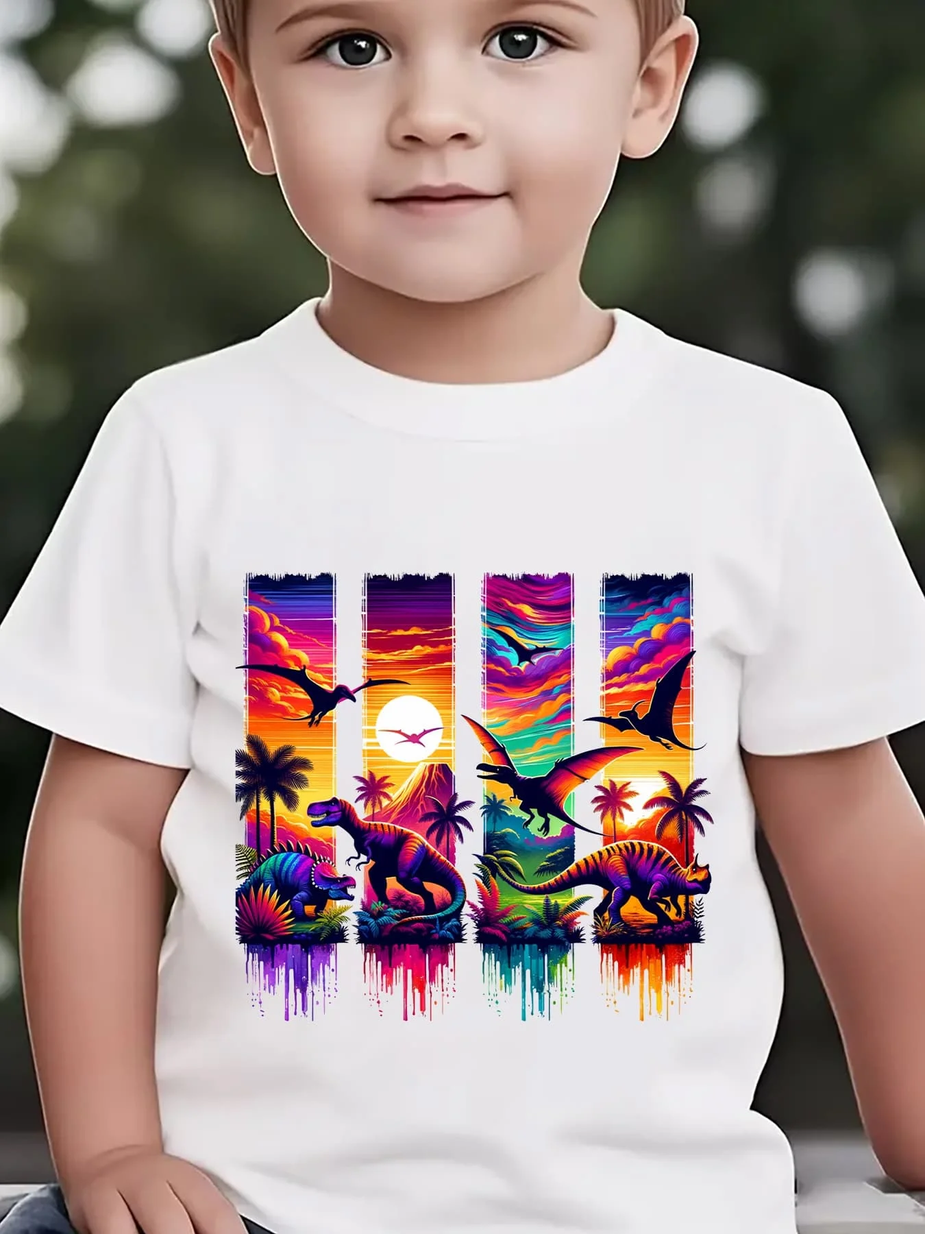 Kids Boys Girls Family Matching T Shirt Retro Colorful Dinosaur Landscape Print Short Sleeve Tee Casual Parent Child Daily Tops