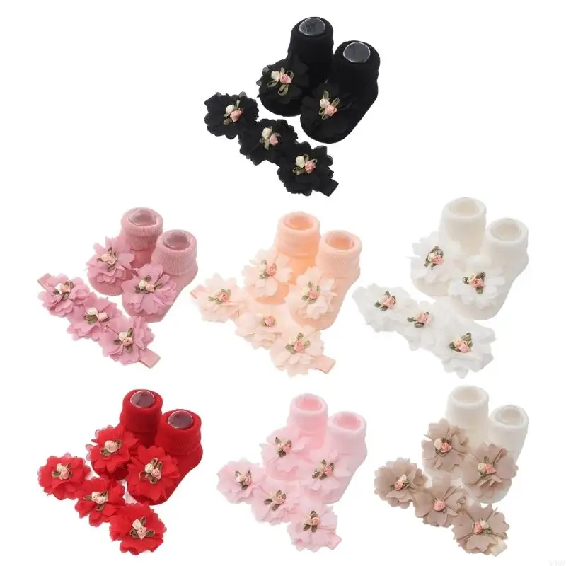 

Y4QA Fashionable Baby Lace Flower Socks & Hair Headband Set Kids Gift set for Girls