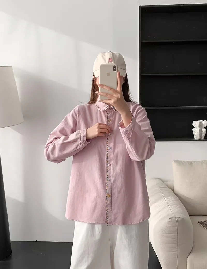 Novo 2026 primavera algodão camisa de manga longa, feminino turn-down colarinho bordado, mori menina estilo preppy chique blusa solta t5d884cc