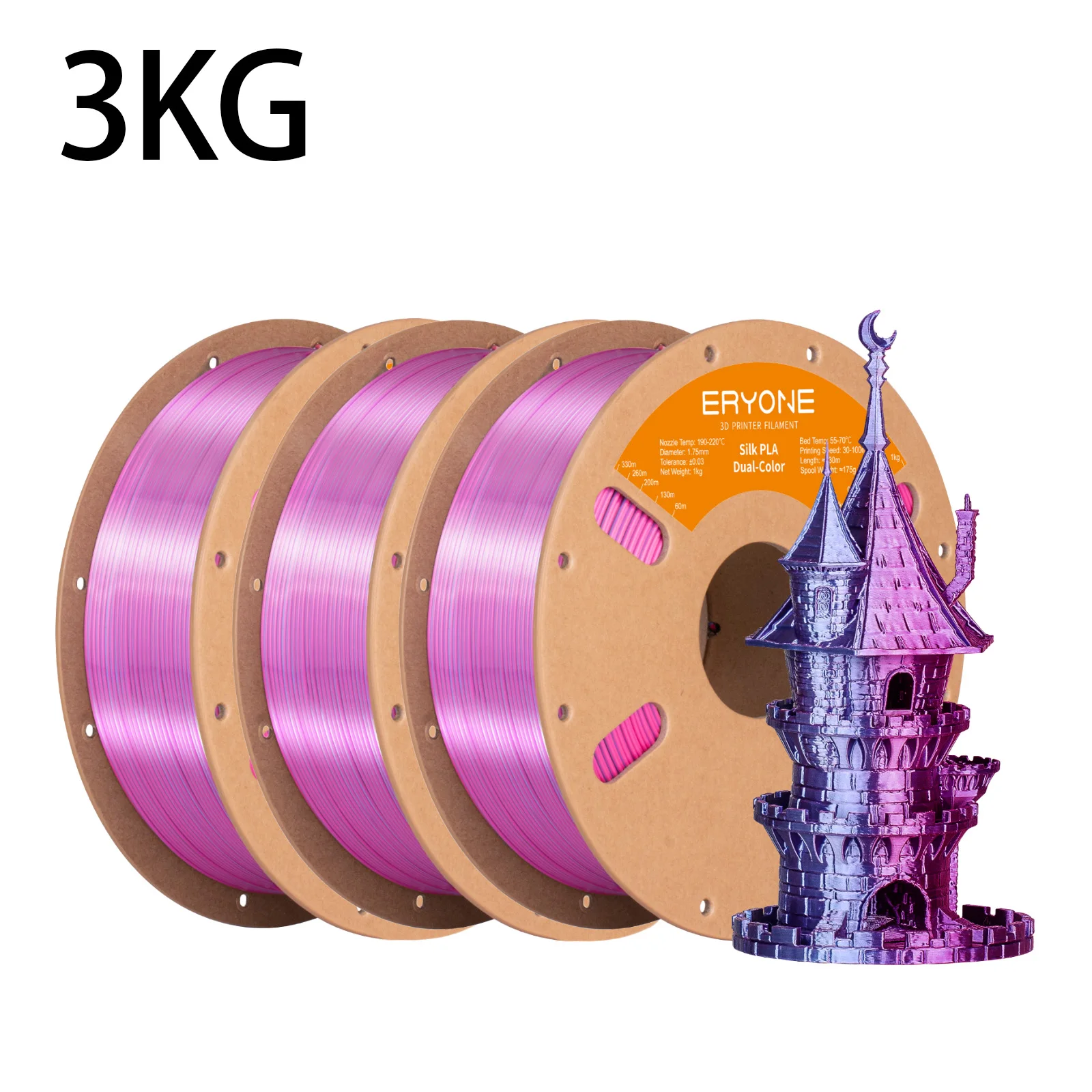 ERYONE 3KG PLA Dual Color Silk PLA Filament Compatibel met FDM 3D-printers 1KG 1,75 mm ±0,03 mm Perfecte spoelwikkeling 1kg spoel